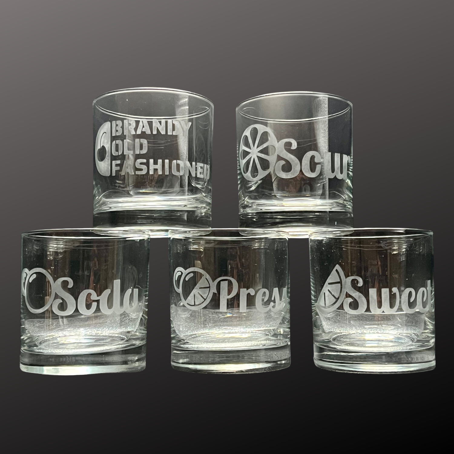 Brandy Old Fashioned Etched Cocktail Glasses